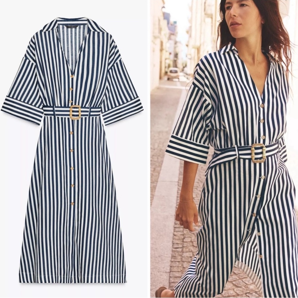 ZARA STRIPED LINEN MIDI DRESS
Color: Navy / White